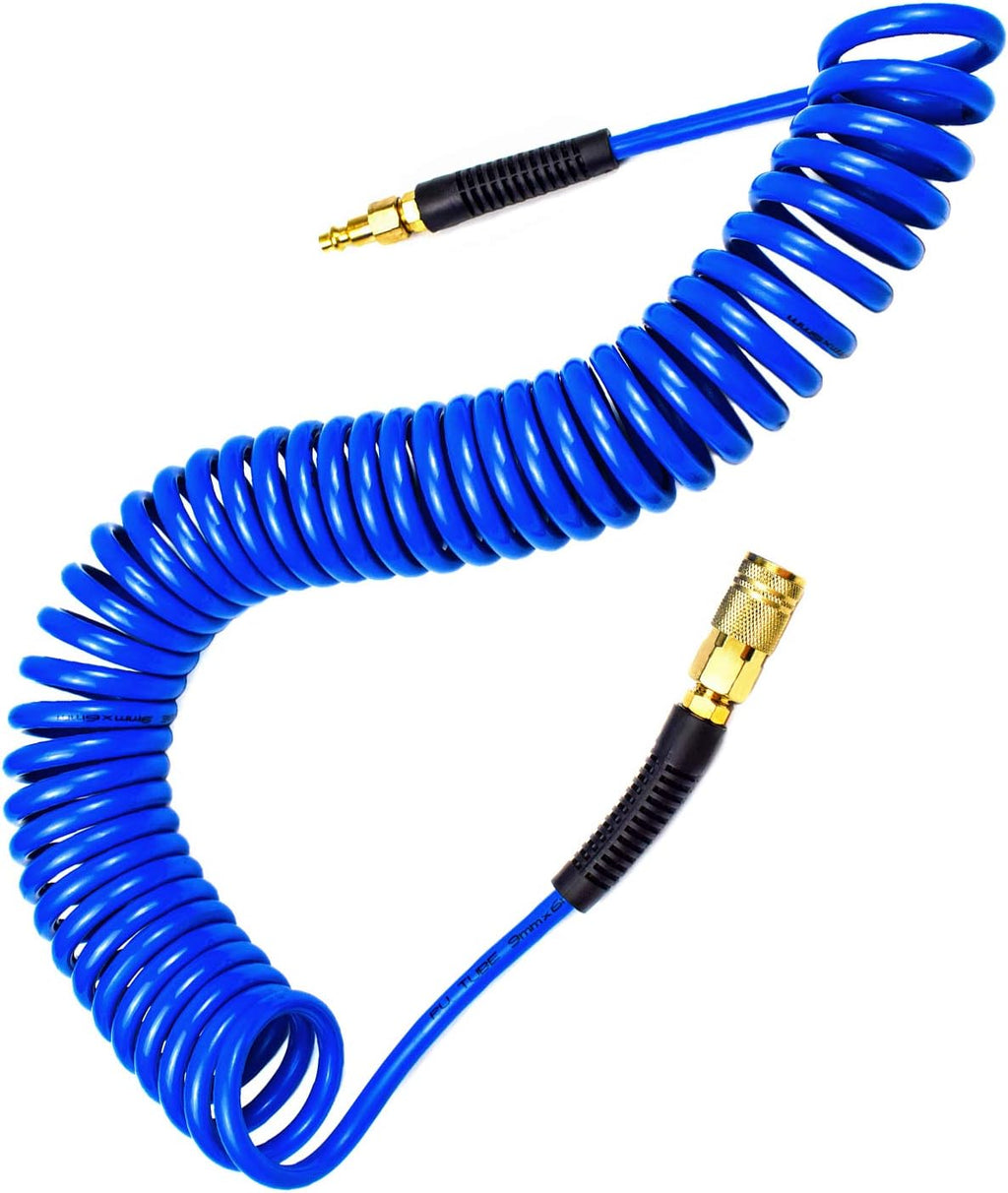 YOTOO 25' Polyurethane Air Compressor Hose - 1/4" Inner Diameter with Bend Restrictor & Quick Coupler - Durable Blue Design