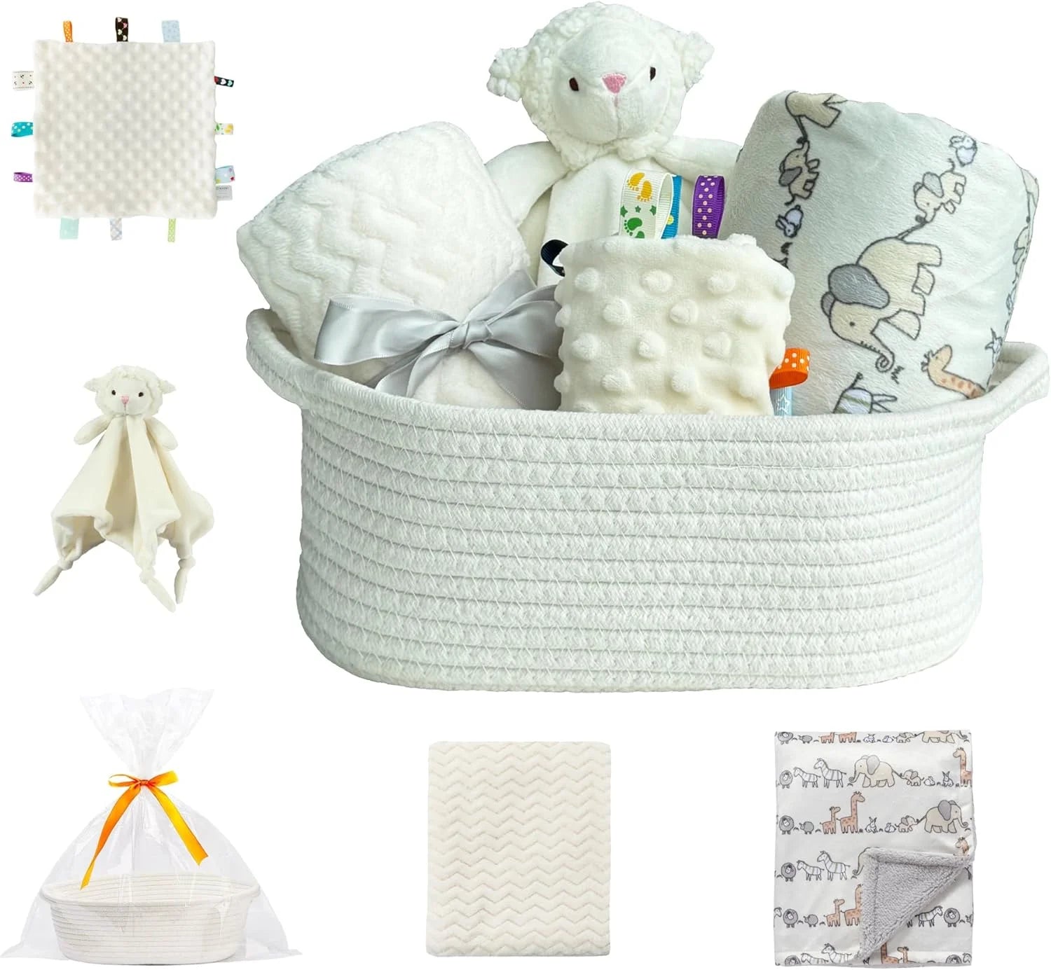 CREVENT Set for Girls -Diaper Caddy Organizer Basket with 2 Blankets, 1 Taggie, 1 Lovey, 3 Socks，1 Headband，1 Gift Bag with Ribbon - Newborn Essential Gift Set (Pink)