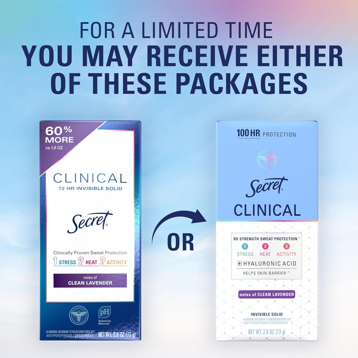 Secret Clinical Strength Antiperspirant Deodorant for Women - 100HR Sweat & Odor Protection, 3X Stress Defense, Clean Lavender Scent with Hyaluronic Acid, 2.6 Oz