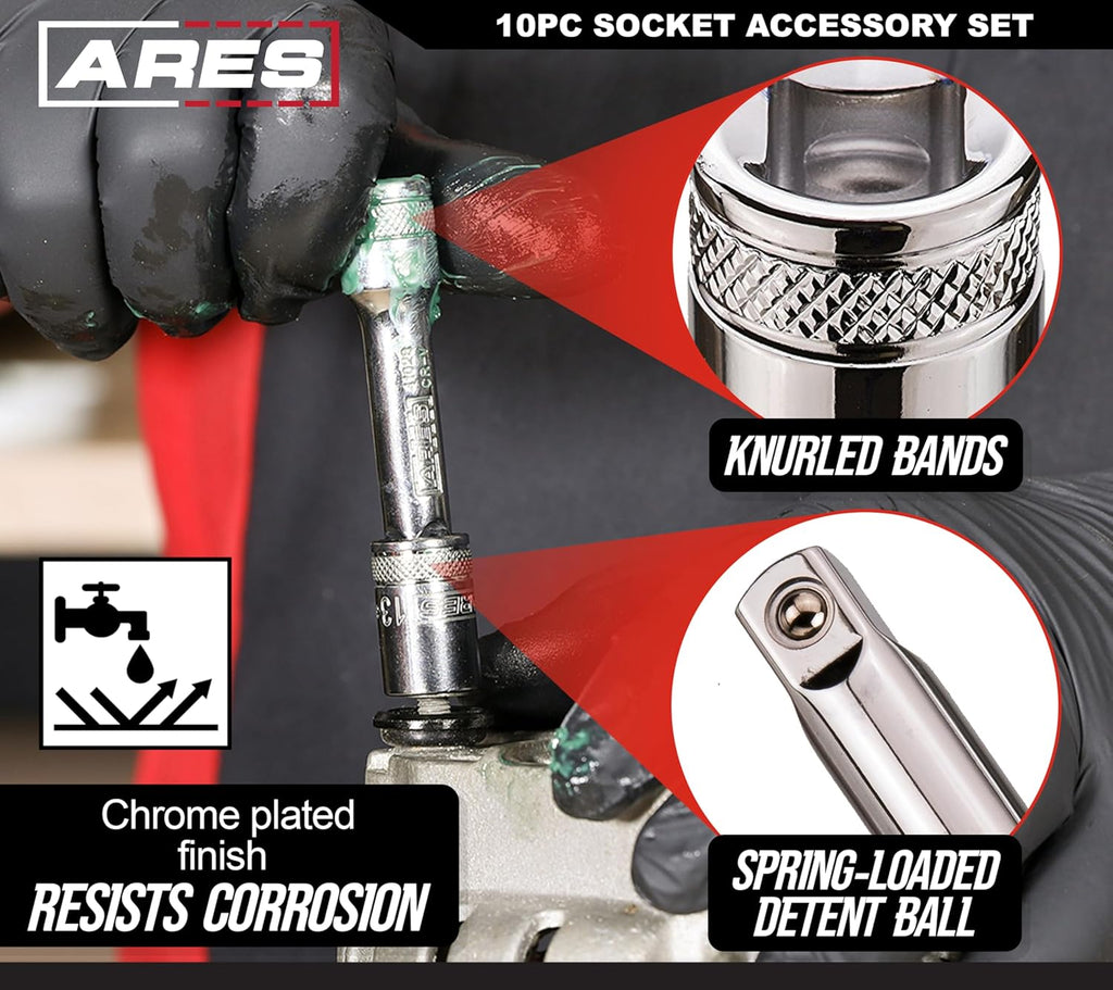 ARES 71270 Premium 10-Piece Socket Accessory Set - Durable Chrome Vanadium Steel with Mirror Finish - Includes Essential Adapters, Extensions, and Universal Joints