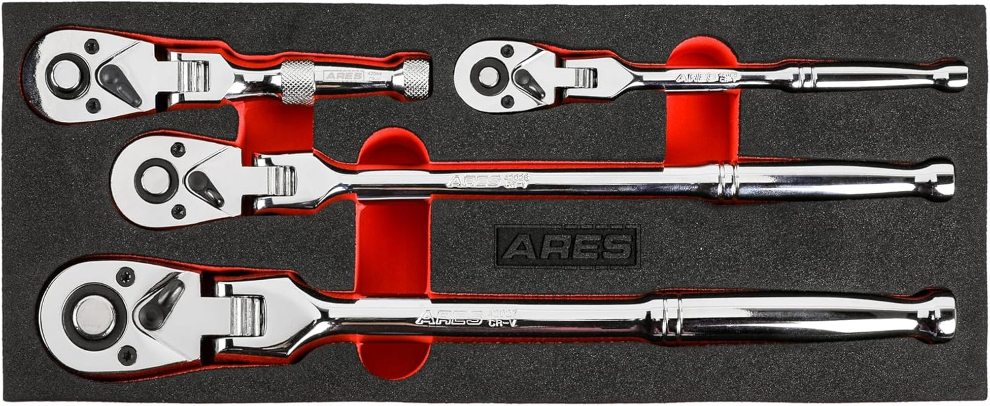 ARES 42043 Flex Head Stubby Ratchet - 1/4-Inch Drive 72-Tooth Precision Tool with Quick Release & Reversible Design - Durable Chrome Vanadium Steel with Mirror Polish Finish