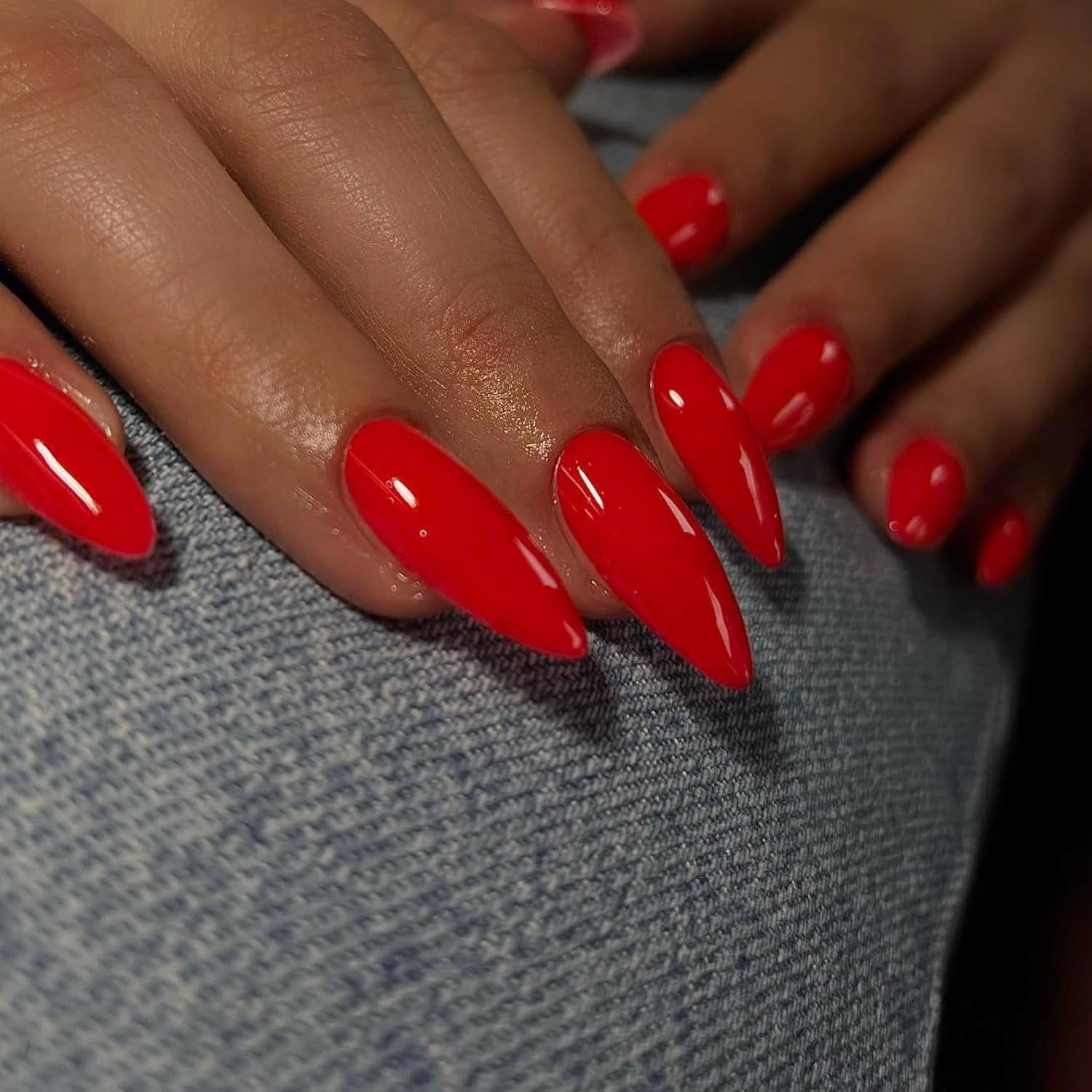 Vibrant Orange Red Almond Press-On Nails - Reusable Medium Length Acrylic Stiletto Nails for Women & Girls