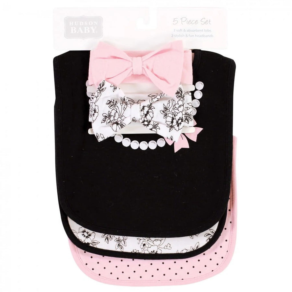 Hudson Baby Infant Girl Cotton Bib and Headband, Toile, 0-6 Months