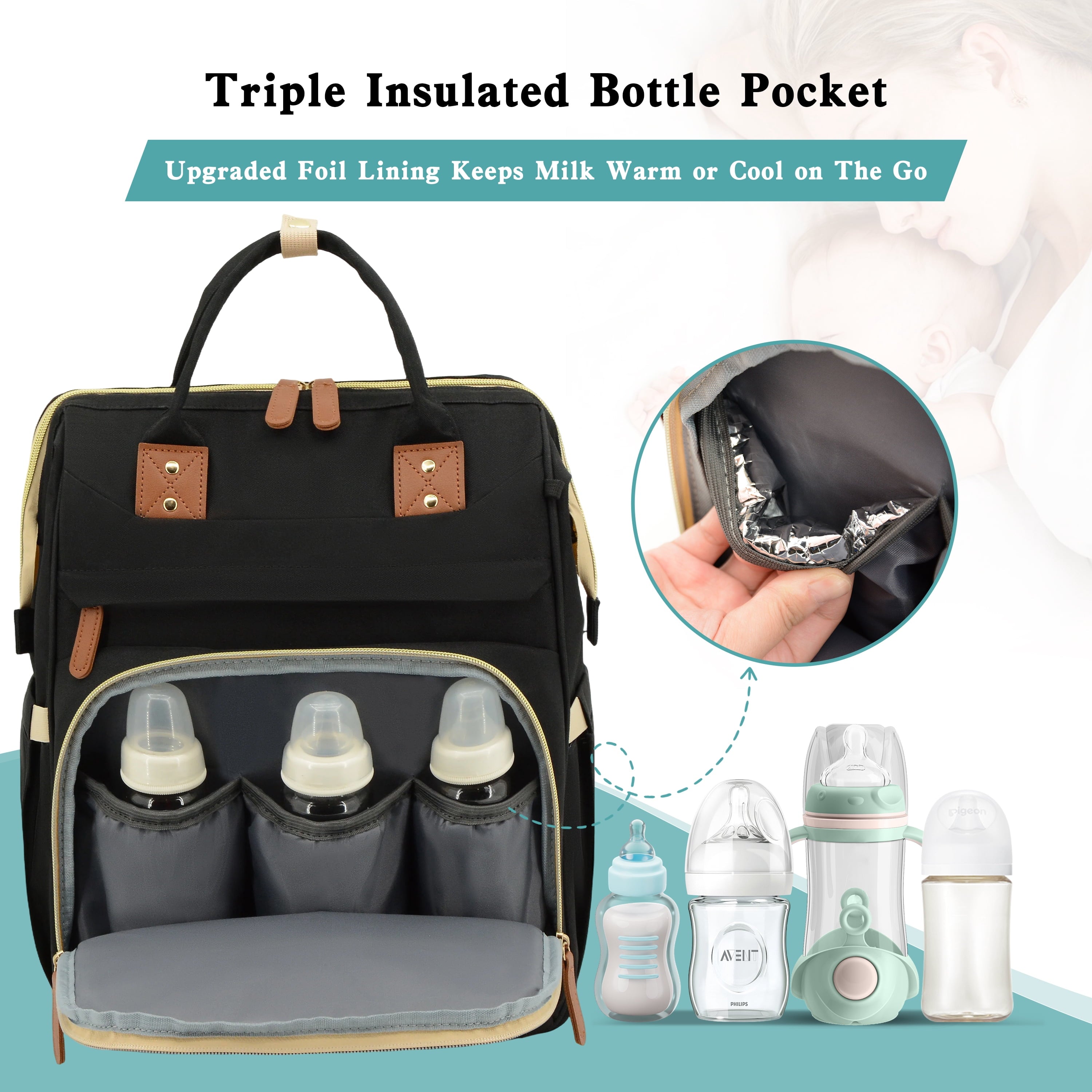 Diaper Bag Backpack, DERSTUEWE Diaper Backpack, Baby Bag with Insulated Bottle Pockets, Unisex, Black
