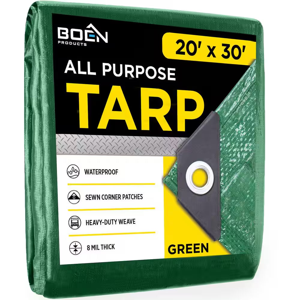 20 Ft. X 30 Ft. Multi-Purpose Green Poly Tarp Cover 8 Mil Thick Weave Material, Waterproof