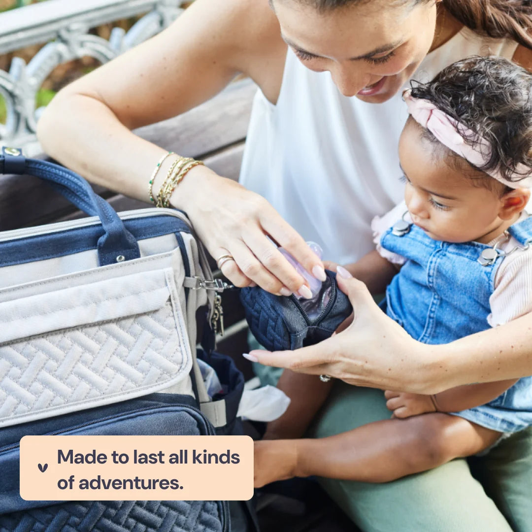 Babbleroo Wide Top Diaper Bag Backpack- Stone Gray & Blue