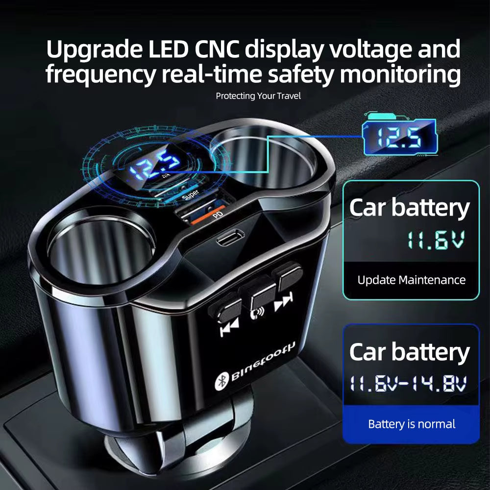 12V-24V Car Cigarette Lighter Socket Splitter Charger with PD QC3.0 Fast Charging, Dual USB Ports, 4.8A Output, and Digital Display Power Adapter