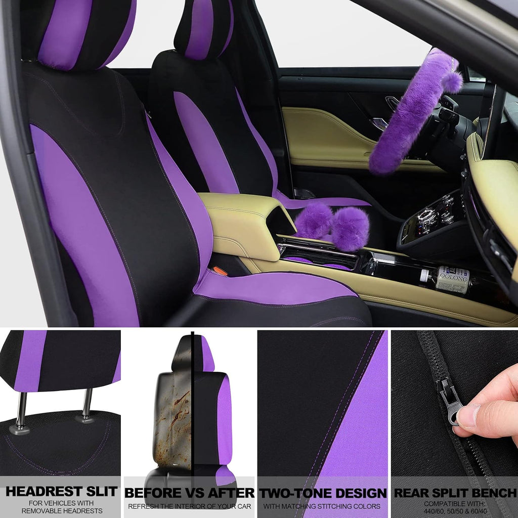 Stylish Woanger 47-Piece Car Seat Cover Set for Women - Fluffy Steering Wheel Cover, Floor Mats & More in Purple & Black