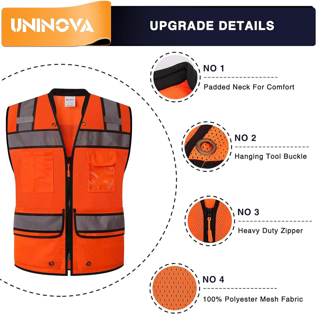 High Visibility UNINOVA Class 2 Reflective Safety Vest for Men - Mesh Construction Vest with Pockets and Zipper