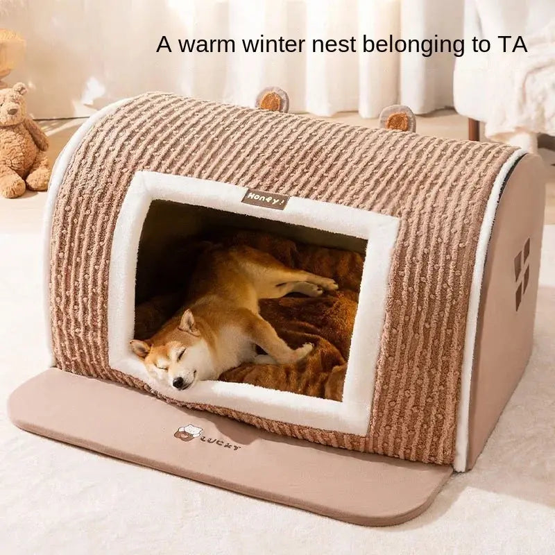 Three-Dimensional Bear Curved Cozy Winter Dog House and Cat Bed - Thickened Windproof Enclosure for Medium and Small Pets