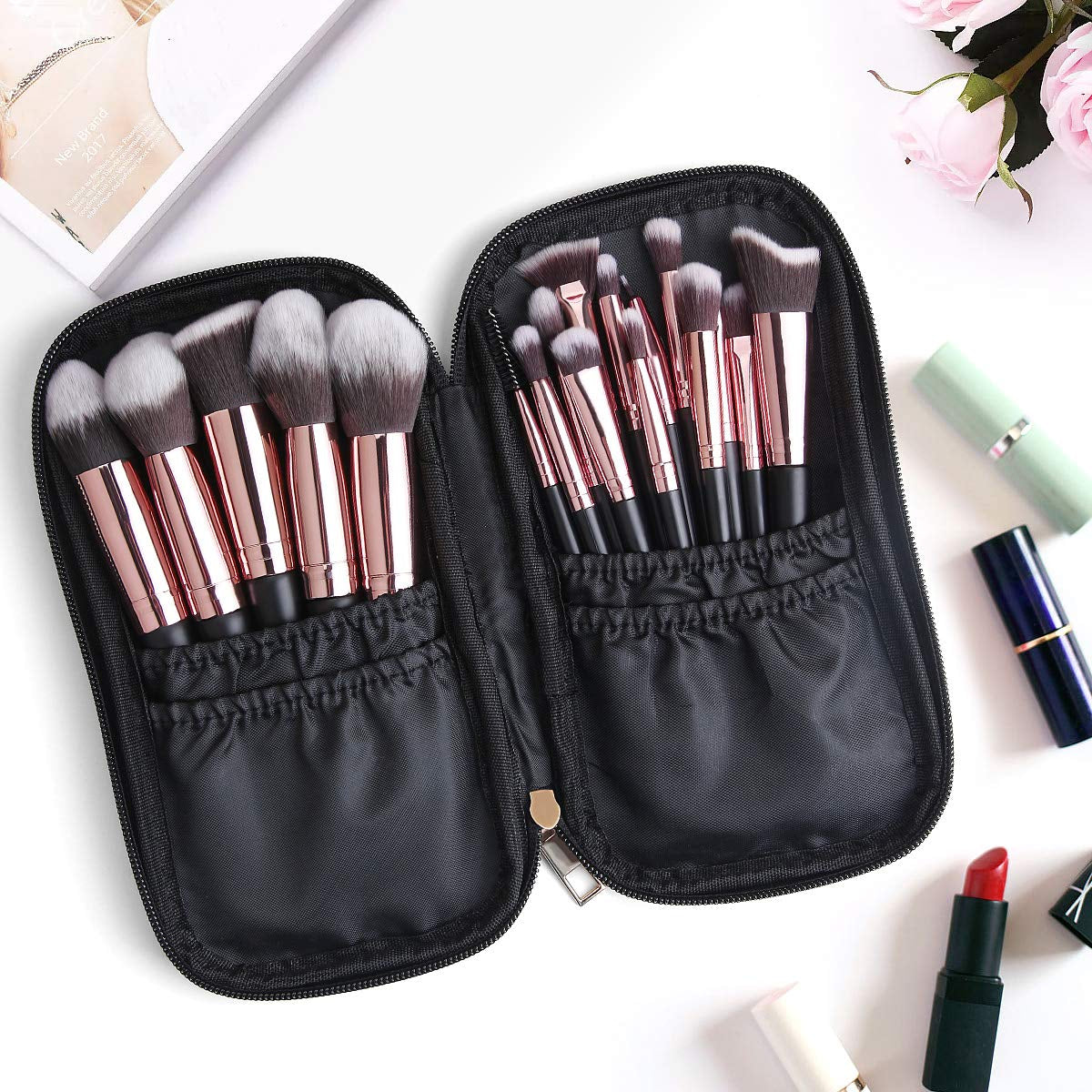 18-Piece Professional Makeup Brush Set - Premium Synthetic Brushes with Elegant Case for Flawless Foundation & Eye Makeup (Black Gold)
