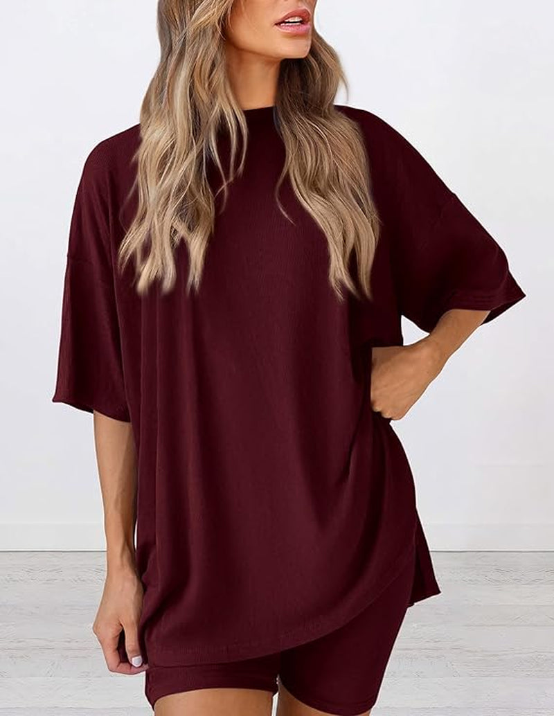 Women'S Two Piece Lounge Set Summer Casual Oversized Shirts Biker Shorts Matching Airport Travel Outfit