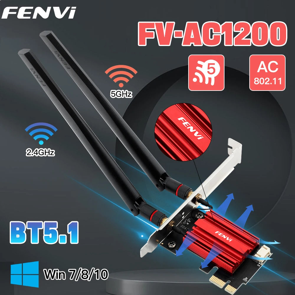 FENVI Wifi 5 PCIE Wifi Adapter AC1200 Wireless Network Card Dual Band 2.4G/5Ghz 802.11AC for Bluetooth 4.0 Desktop Windows 10/11