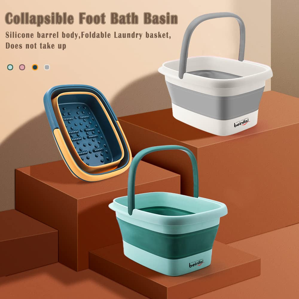 Beinilai Foldable Foot Soak Tub with Massage Acupoints - Portable Collapsible Foot Bath Basin with Handles, Perfect for Relaxation and Self-Care - Grey