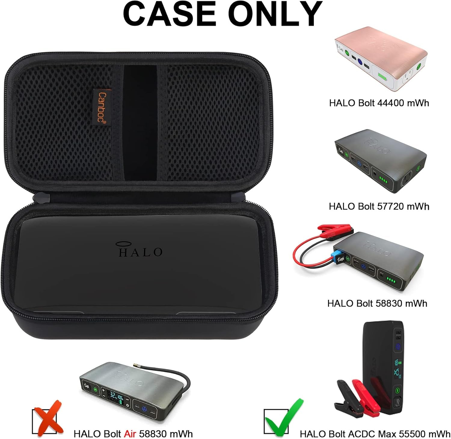 Canboc Hard Carrying Case for Halo Bolt ACDC Max 55500 Mwh Car Jump Starter, Portable Phone Laptop Charger Power Bank, Mesh Bag for Jumper Cable, AC Wall Charger, Car Charge, Black