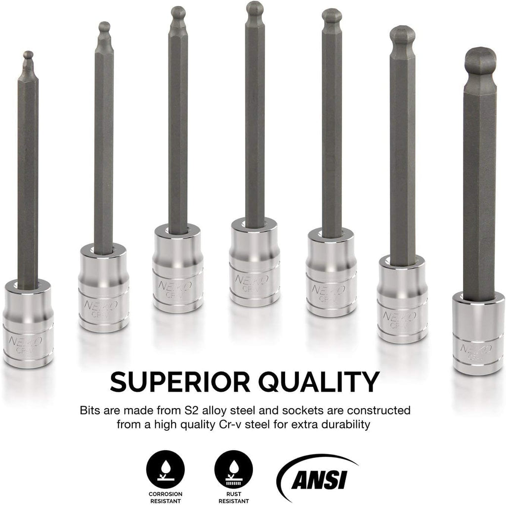 Neiko 10072A 7-Piece Extra Long Allen Hex Bit Socket Set - 3/8-Inch Drive, SAE, Durable S2 & Cr-V Steel, 1/8-Inch to 3/8-Inch