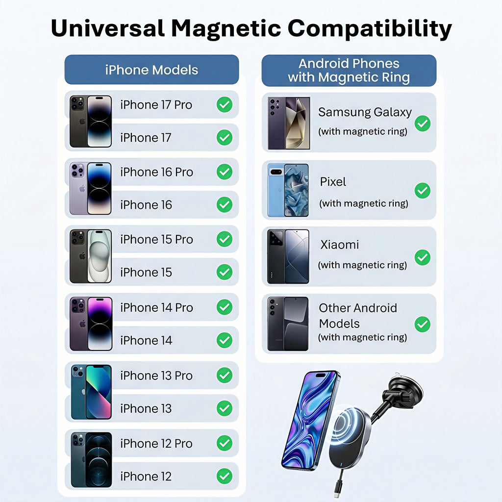 IJS Magnetic Wireless Car Charger with Built-In Retractable Cord and Extendable Windshield Dashboard Phone Mount, Magsafe Compatible, 15W