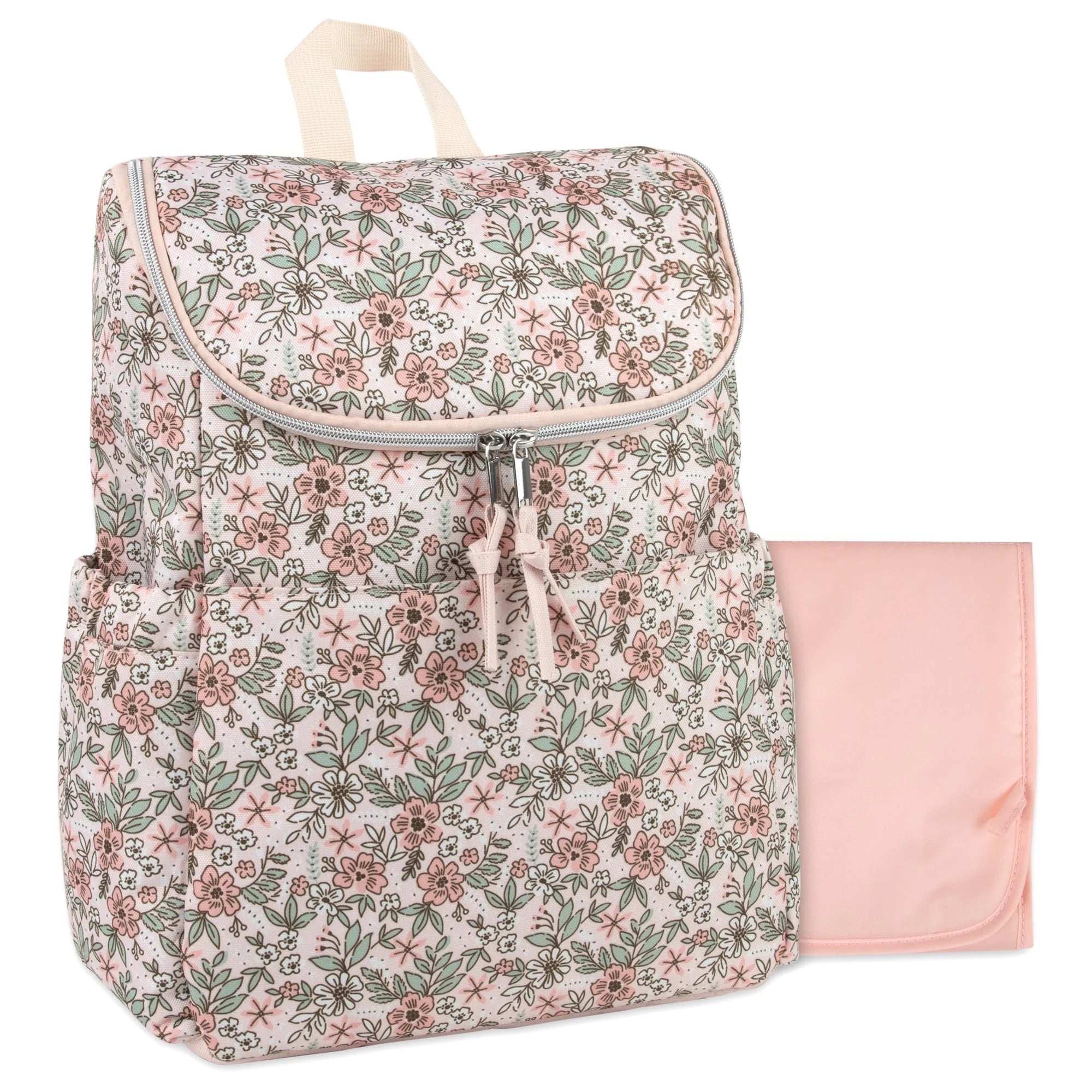 Baby Essentials 2 Piece Baby Diaper Backpack with Stroller Straps and Matching Changing Pad in Floral Taupe