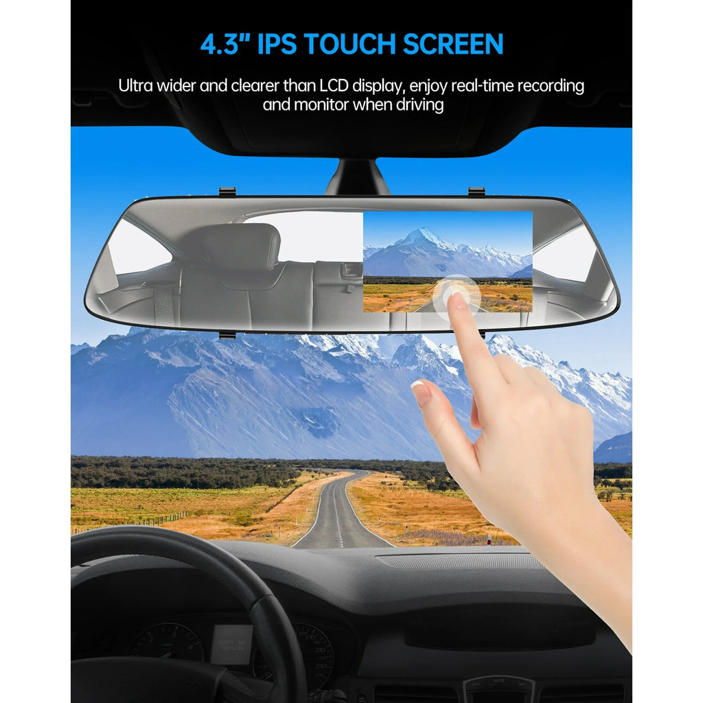 TOGUARD 4.3" Mirror Dash Cam 720P Dual Front and Rear with Touchscreen, 170° Wide Angle, Night Vision, G-Sensor, Loop Recording, 32.8Ft Cable for Suv/Truck