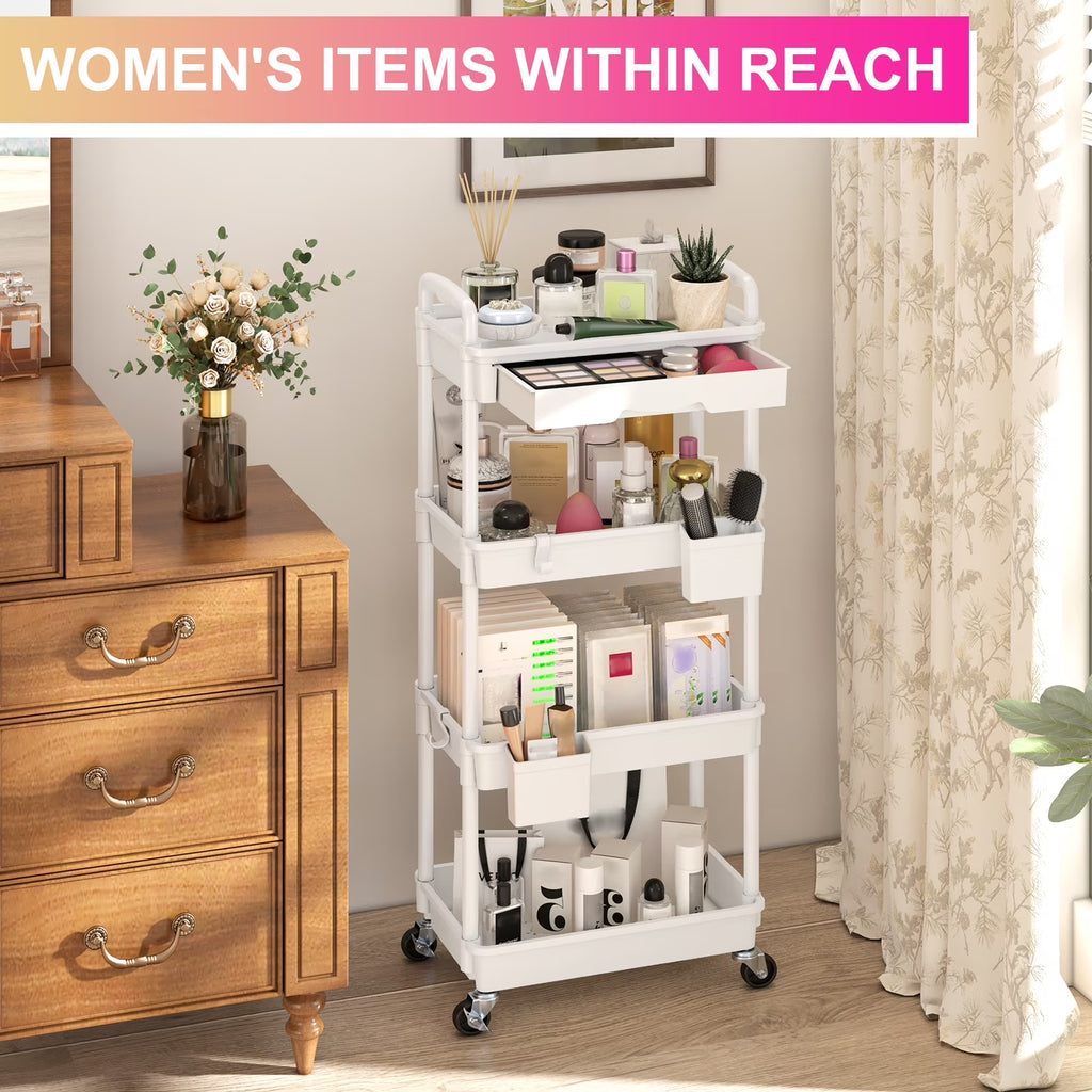Yeabett 4 Tier Rolling Utility Cart Organizer with Removable Drawer, Mobile Storage Carts with 2 Lockable Wheels for Bathroom, Kitchen, Snack, Craft, Makeup, Baby Essentials, White