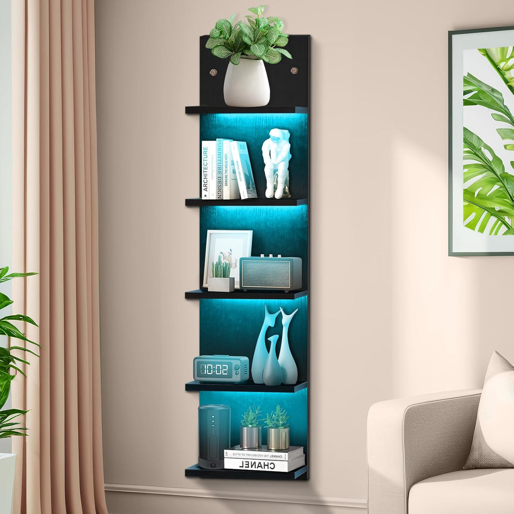 5-Tier Black Floating Wall Shelf with RGB LED Lighting for Bedroom Decor
