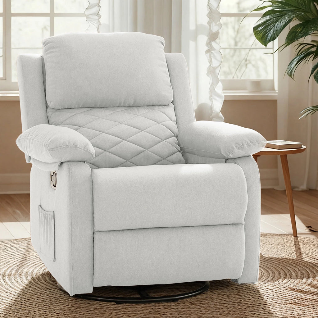 Gelloan 360° Swivel Recliner Chair, Small Rocker Chair for Small Spaces, Upholstered Fabric Glider Recliner Nursery Chair with Side Pockets,White