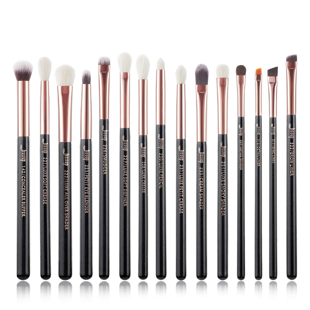 Jessup 15Pcs Professional Makeup Brushes Set Make up Brush Tools Kit Eye Liner Shader Wood Handle Natural-Synthetic Hair Brushes Pearl Black/Rose Gold T157