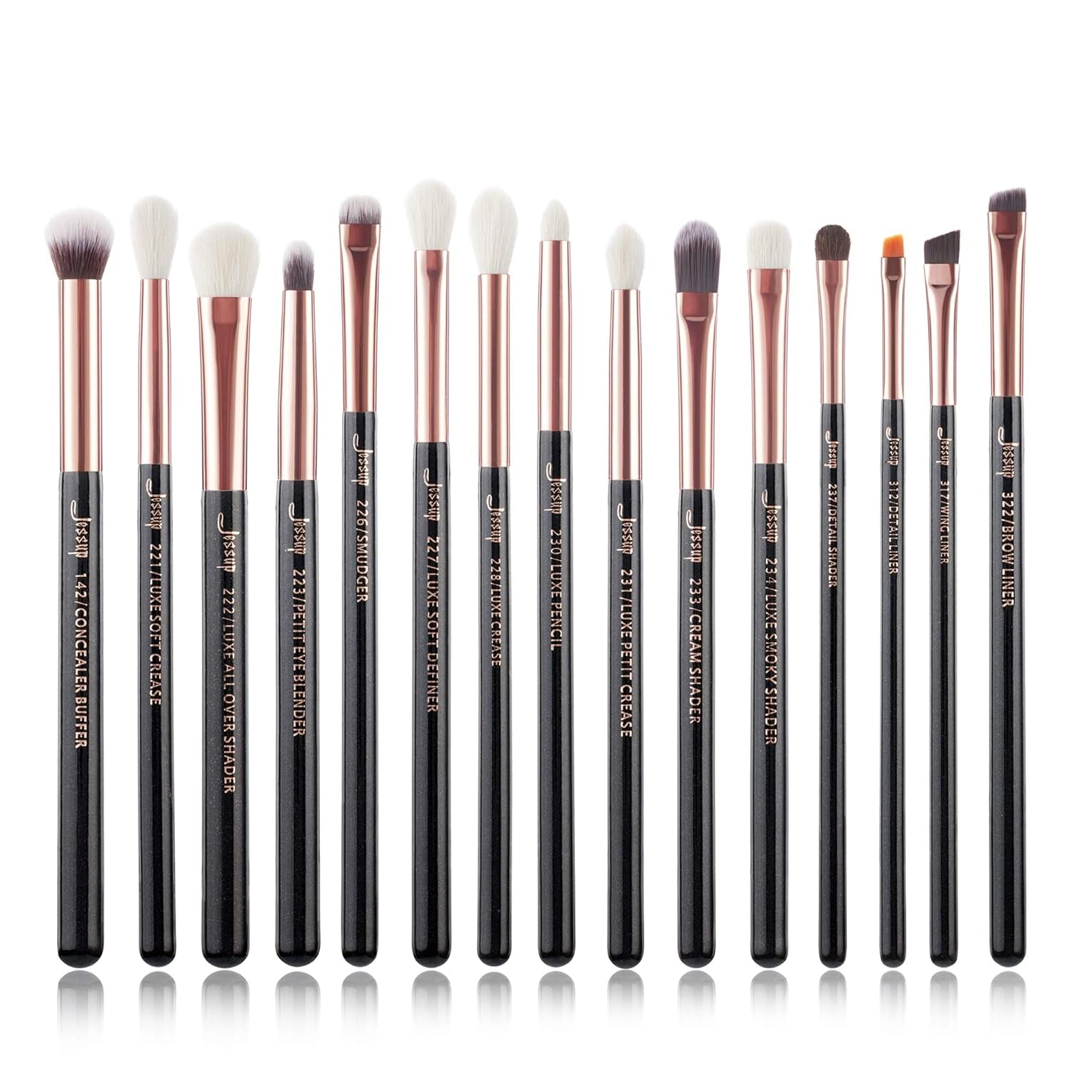 Jessup 15Pcs Professional Makeup Brushes Set Make up Brush Tools Kit Eye Liner Shader Wood Handle Natural-Synthetic Hair Brushes Pearl Black/Rose Gold T157
