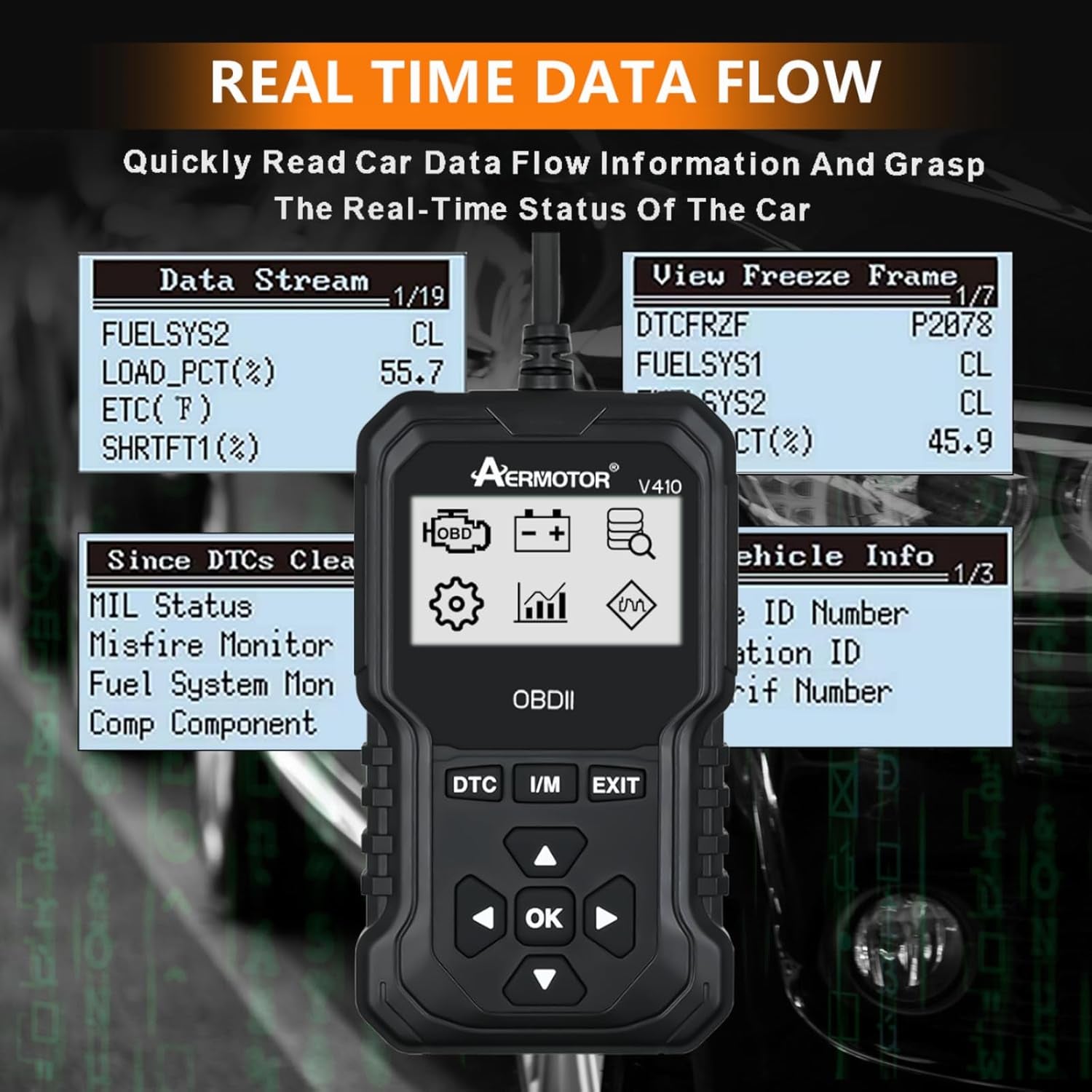 OBD2 Scanner, V410 Car Scanner Diagnostic Tool: Engine Fault Code Reader Scan Tool with Live Data/Freeze Frame for All OBDII Cars after 1996,Black