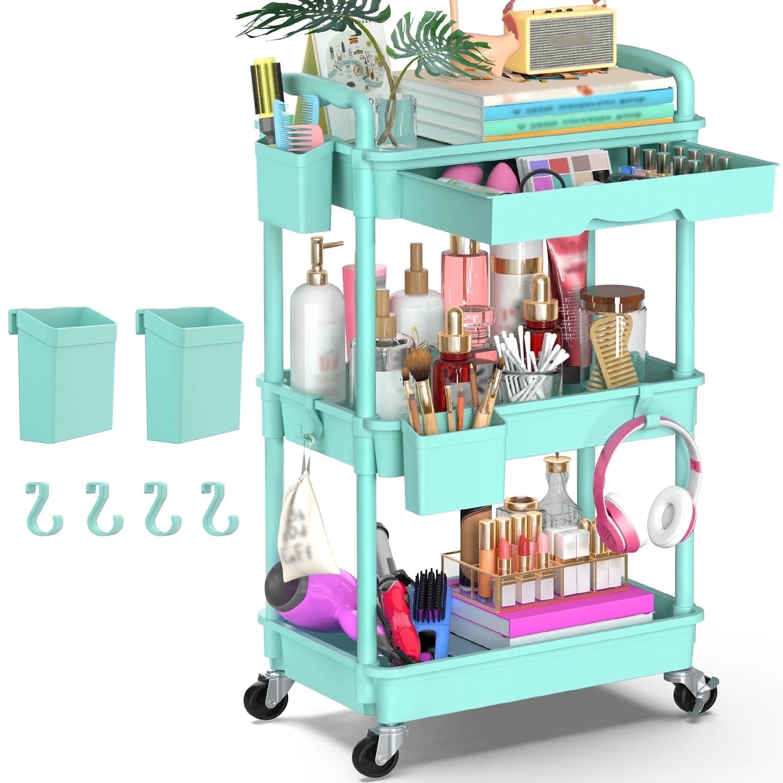 Yeabett 4 Tier Rolling Utility Cart Organizer with Removable Drawer, Mobile Storage Carts with 2 Lockable Wheels for Bathroom, Kitchen, Snack, Craft, Makeup, Baby Essentials, White