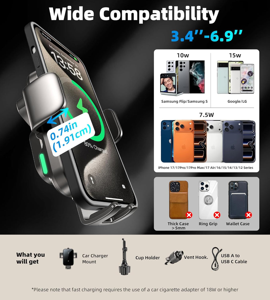 Dual Coil 15W Cup Phone Holder Mount,Wireless Car Charger Auto-Clamping Fast Charging Vent Phone Holders for Your Car for Iphone 17/16/15,Samsung Flip S25 S24 S23 S22 Ultra