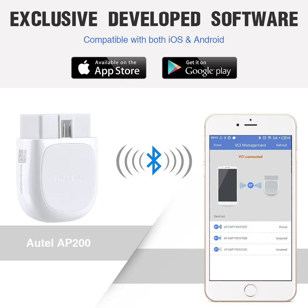 OBD2 Scanner Autel AP200, Bluetooth Code Reader with Full Systems Diagnoses and 19 Service Functions Car Diagnostic for Iphone & Android