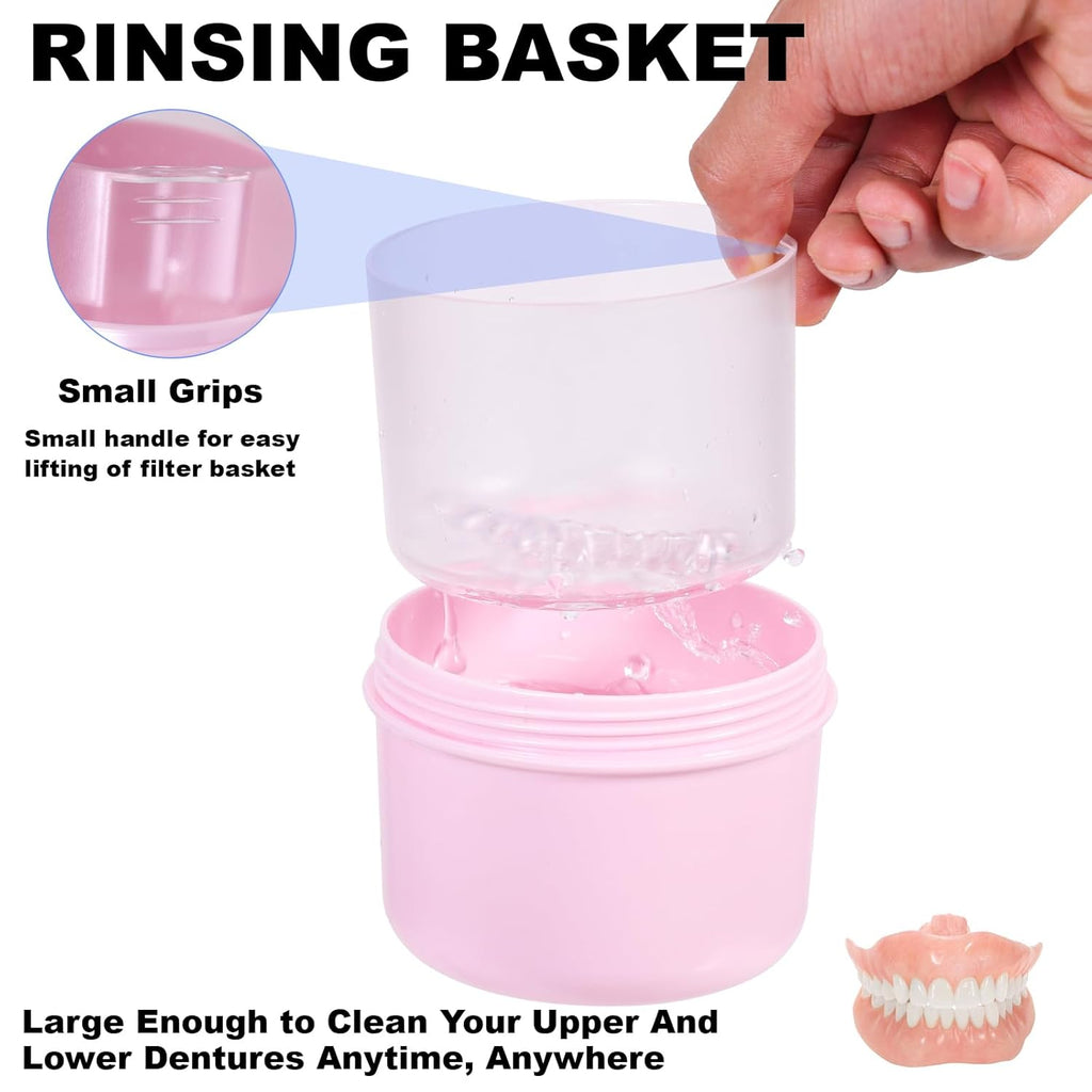 Travel-Friendly Leak-Proof Denture Case with Cleaning Kit - Pink
