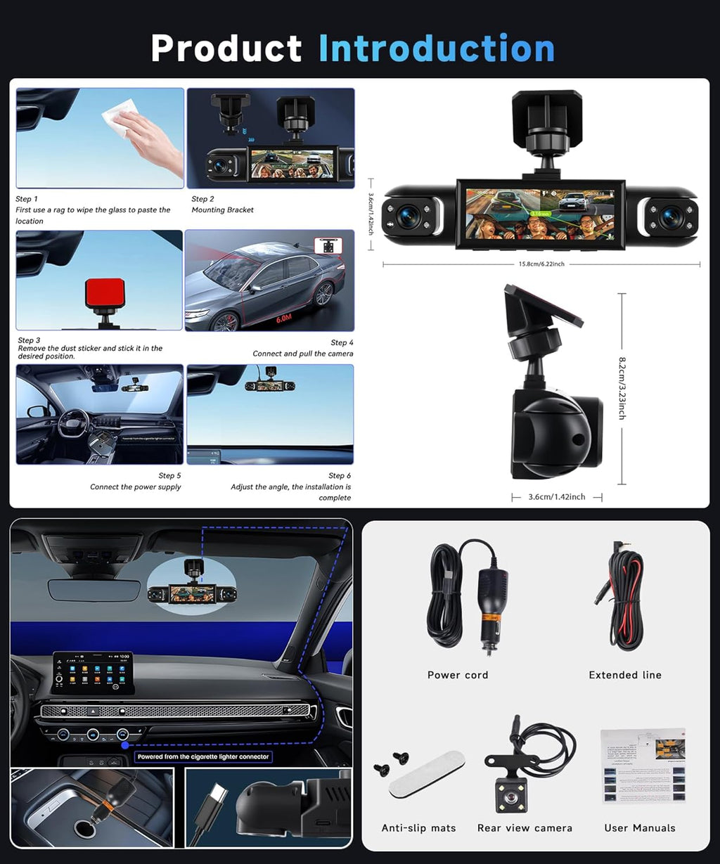 4 Channel 360° Dash Camera Front and Rear inside Left Right, 3.16 Inch Dash Cam for Cars, Built-In Night Vision, Sensitive Motion Detection 24/7 Recording Parking Mode Monitor Reversing Help