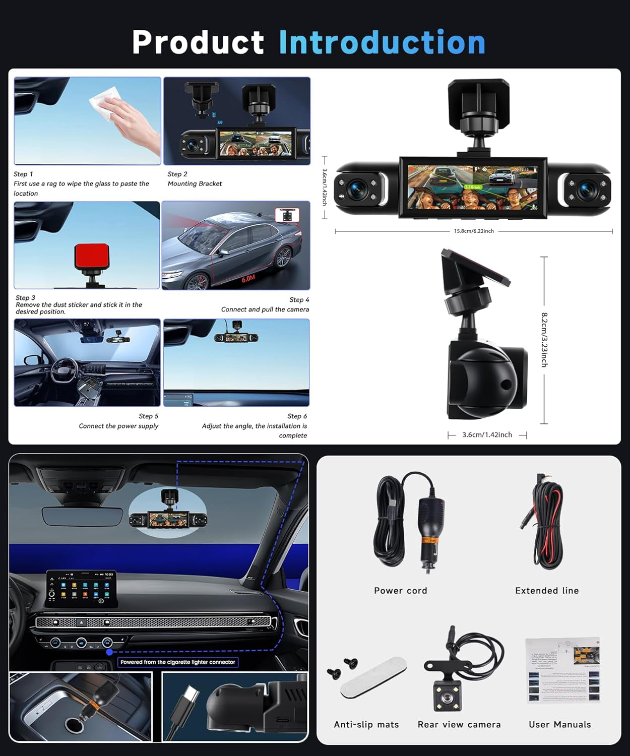 4 Channel 360° Dash Camera Front and Rear inside Left Right, 3.16 Inch Dash Cam for Cars, Built-In Night Vision, Sensitive Motion Detection 24/7 Recording Parking Mode Monitor Reversing Help