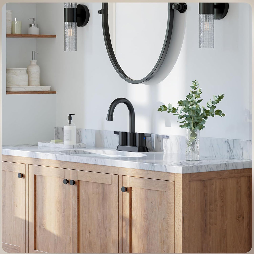 Modern Matte Black 4-Inch Bathroom Faucet with 360° Swivel Spout, Pop-Up Drain & Water Supply Lines - Phiestina Bf015-1-Mb