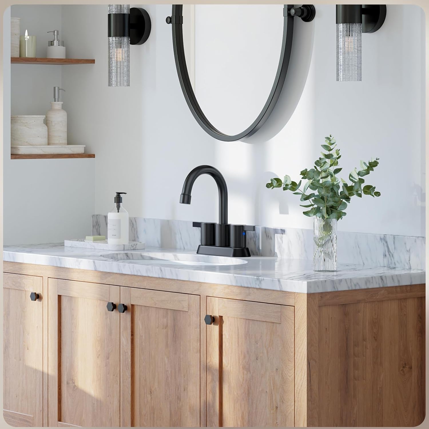 Modern Matte Black 4-Inch Bathroom Faucet with 360° Swivel Spout, Pop-Up Drain & Water Supply Lines - Phiestina Bf015-1-Mb