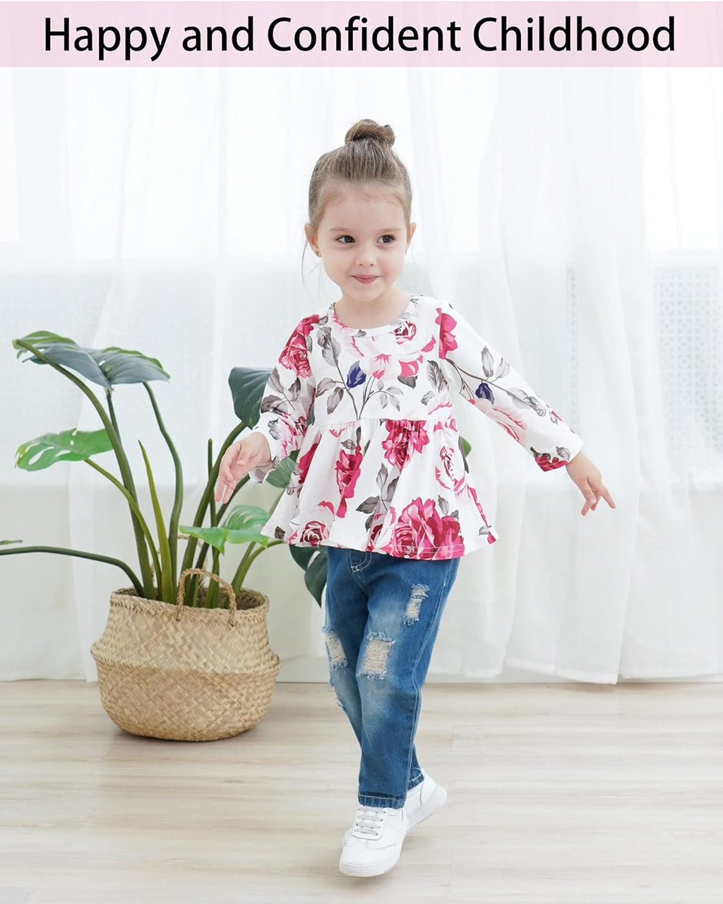NZRVAWS 9-12 Months Toddler Girls Clothes Baby Outfit Floral Long Sleeve Shirt Tops Denim Ripped Jeans Long Pant Infant for Girls