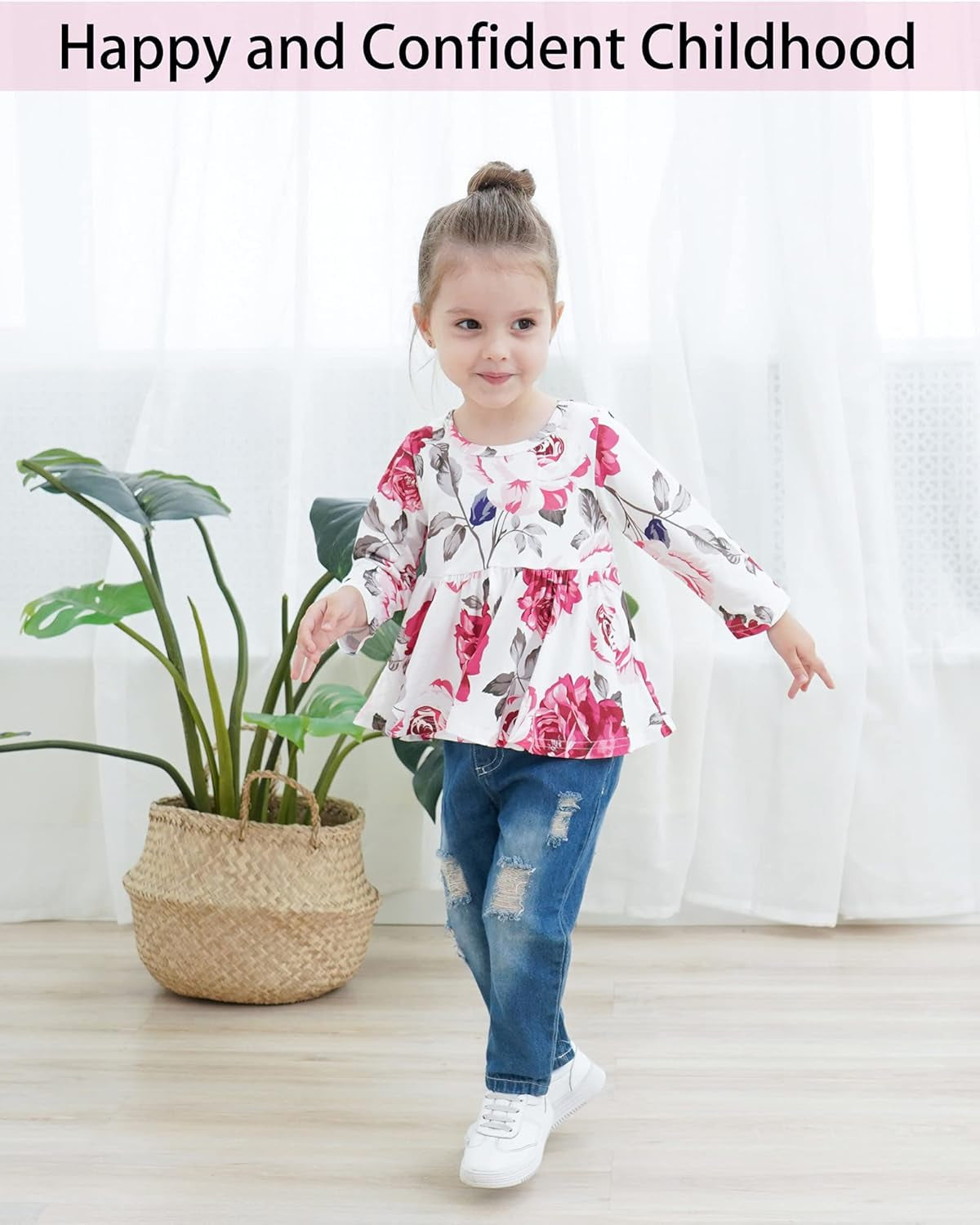 NZRVAWS 9-12 Months Toddler Girls Clothes Baby Outfit Floral Long Sleeve Shirt Tops Denim Ripped Jeans Long Pant Infant for Girls