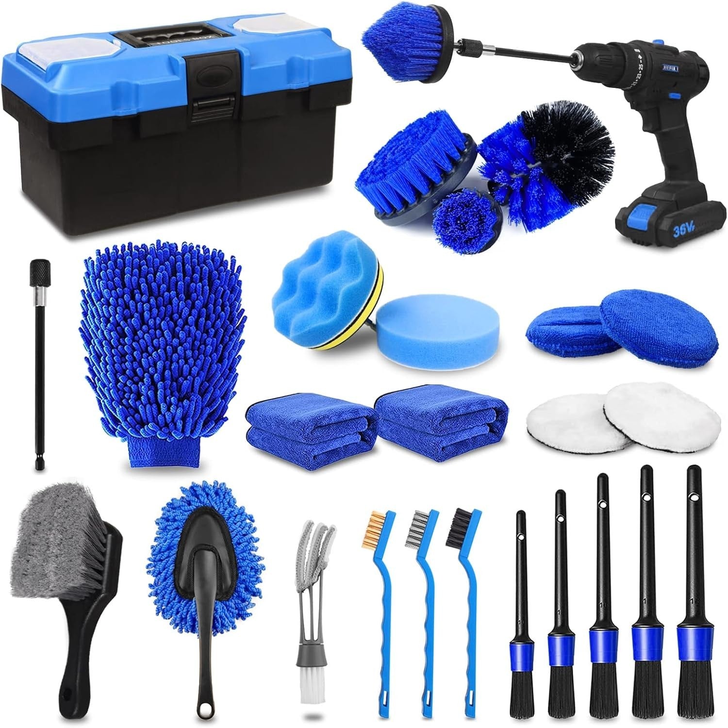 27-Piece Car Detailing Accessories Kit with Wheel and Tire Brushes and Tool Box