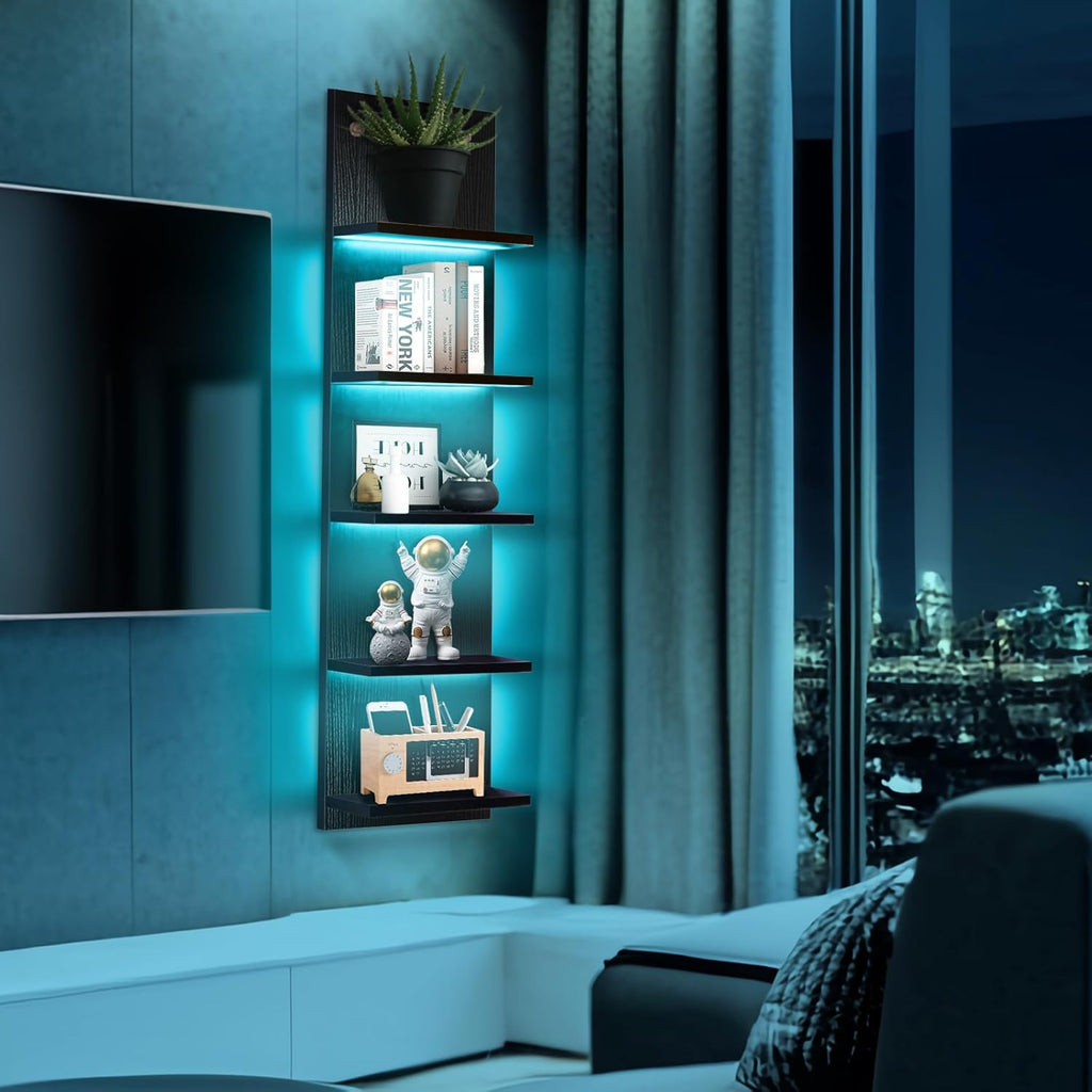 5-Tier Black Floating Wall Shelf with RGB LED Lighting for Bedroom Decor