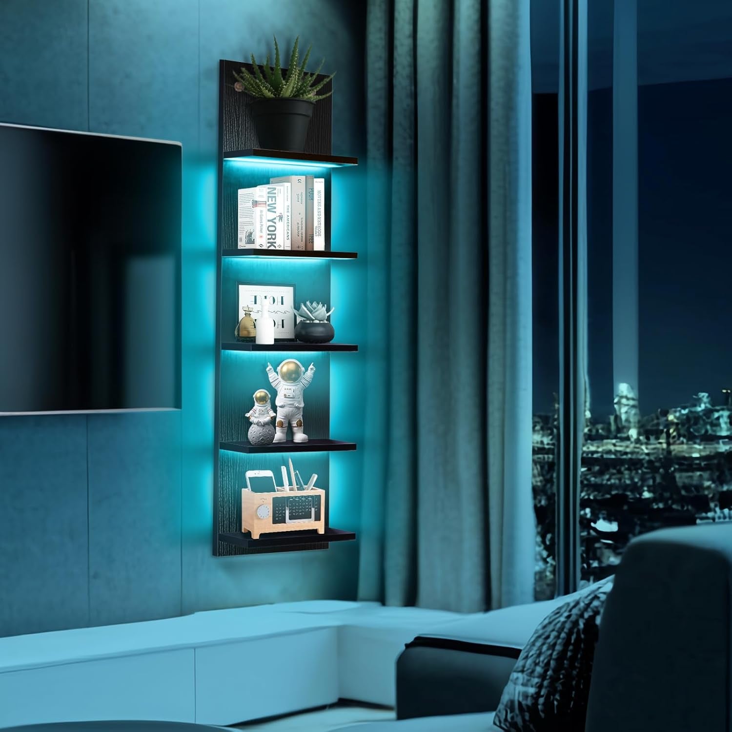 5-Tier Black Floating Wall Shelf with RGB LED Lighting for Bedroom Decor