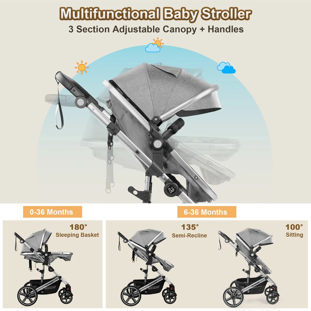 Vomeast Baby Stroller, Foldable Aluminum Alloy Stroller with Reversible, Travel Stroller for Newborn Infant, Grey