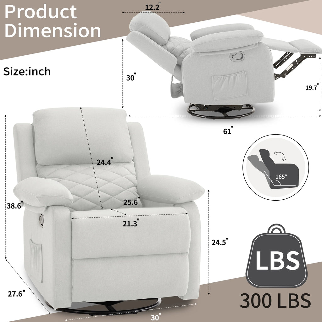 Gelloan 360° Swivel Recliner Chair, Small Rocker Chair for Small Spaces, Upholstered Fabric Glider Recliner Nursery Chair with Side Pockets,White