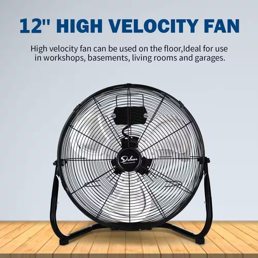 12 In. 3-Speed Metal High Velocity Heavy Duty Floor Fan in Black