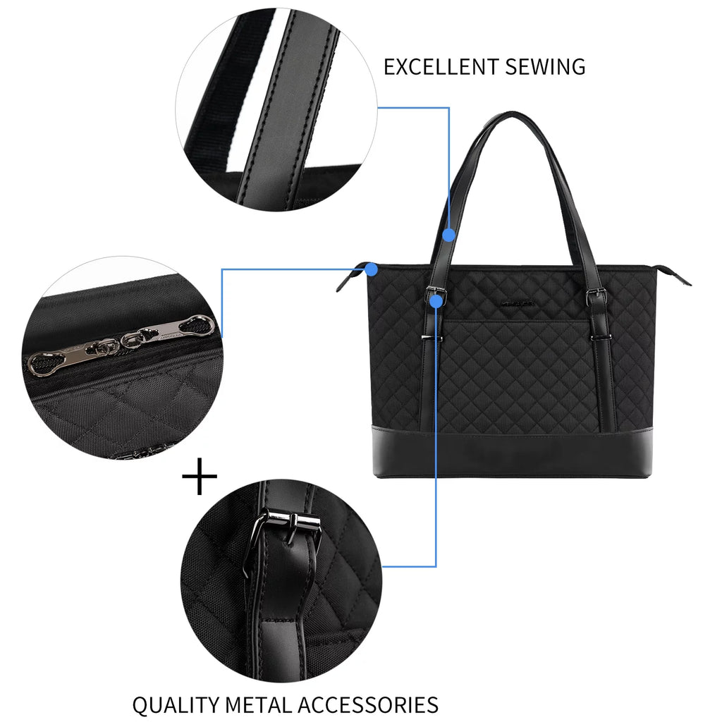 KROSER 15.6" Quilt Laptop Tote Bag, Computer Shoulder Bag, Black