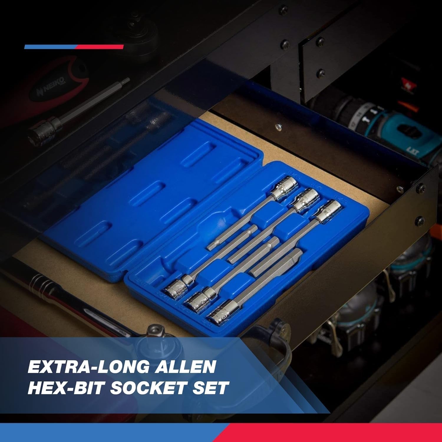 Neiko 10072A 7-Piece Extra Long Allen Hex Bit Socket Set - 3/8-Inch Drive, SAE, Durable S2 & Cr-V Steel, 1/8-Inch to 3/8-Inch