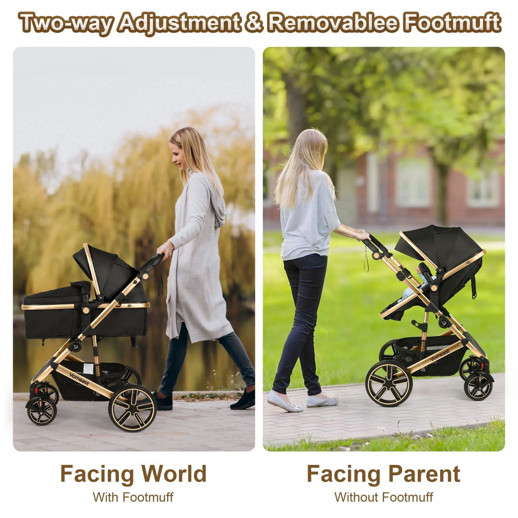Vomeast Baby Stroller, Foldable Aluminum Alloy Stroller with Reversible, Travel Stroller for Newborn Infant, Black