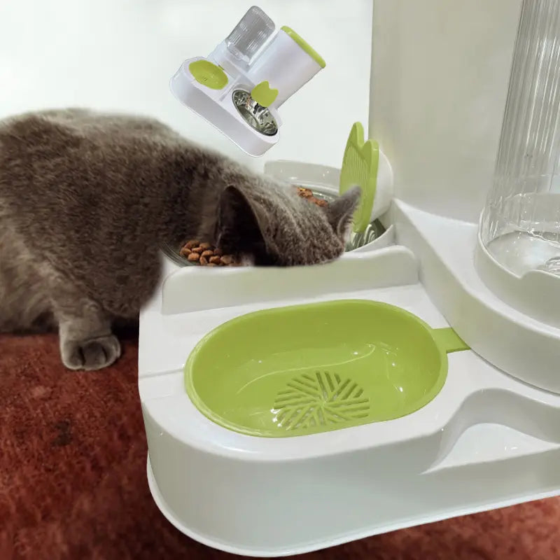 Automatic Pet Feeder and Water Dispenser with Integrated Round Plastic Bowl for Cat Food Storage