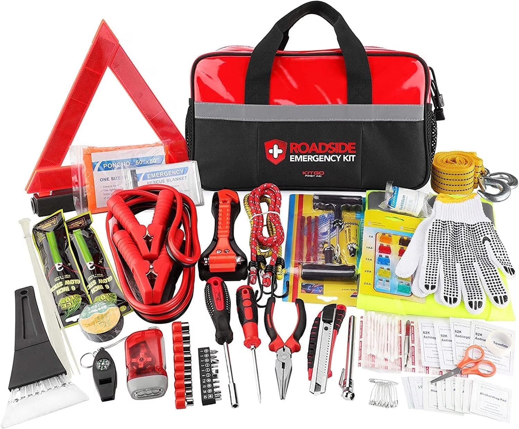 Car Emergency Kit, Premium Roadside Rescue Essentials, Ideal Car Road Safety Kit for Trucks, Rvs, Etc. (Red)
